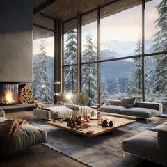Sophisticated and stylish cabin living room with large windows offering a breathtaking mountain view in snowy conditions