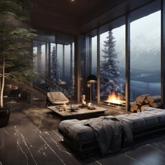 Elegant modern bedroom in a mountain cabin with panoramic glass walls showcasing idyllic snowy woods scenery