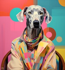 A dignified greyhound, sporting a fashionable and colorful jacket, sits poised in a vibrant...
