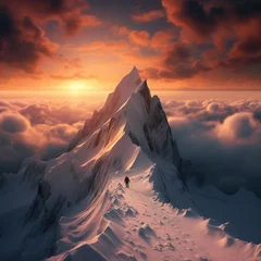 Fotobehang Stunning view of a lone mountaineer ascending a snowy peak against a breathtaking sunset © mockupzord
