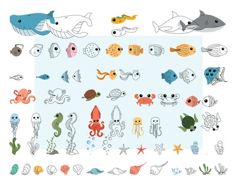 Large set of sea animals and elements for a coloring book, coloring page sea life.,for kids