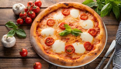 Top view of a classic Pizza Margherita with tomatoes, basil, and mozzarella cheese on a wooden background.