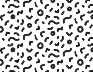 Seamless pattern of black grunge brush strokes. Dirty doodles, illustration with bold curvy lines. Vector pattern on a transparent background.
