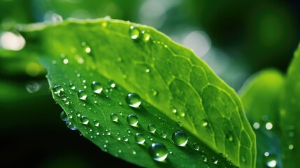 Close-up view of vibrant green leaf adorned with glistening water droplets, capturing the beauty of nature's intricate details