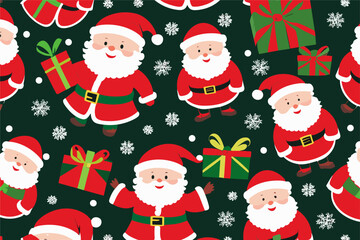 Vector christmas pattern with cartoon
santa claus in the red hat, snowflakes, gifts 
 on a black background. 2024 New Year's fashion
ornament for fabric, paper, textiles.