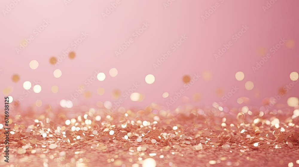 Wall mural Gold sparkles on pink background. Light pink minimalist background