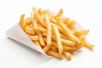 Delicious Classic French Fries Served in a Crispy Paper Packet, Isolated on a Clean White Background - obrazy, fototapety, plakaty