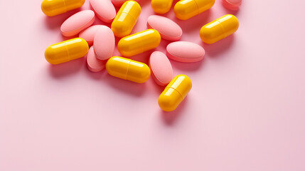 Yellow and pink pills on pink background. Top view with copy space