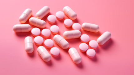 Pink pills on pink background, top view, copy space