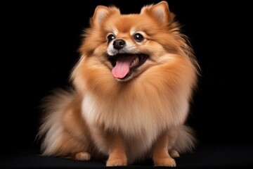 Obraz premium A small pomeranian dog sitting on a black surface.