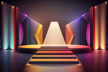 Abstract scene podium illuminated by neon lights. Award ceremony concept