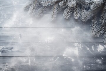Winter Display - Fir Branches On Snowy Table, copy space, generative ai