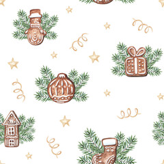 Watercolor winter christmas seamless pattern with ginger cookies cinnamon fir branches Holly Jolly isolated on white background. Xmas new year holiday illustration for fabric textile