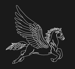 Cute magic Pegasus vector silhouette illustration isolated on black background. Pegasus shape shadow, majestic mythical Greek winged horse. Mythology flying Horse drawing. Symbol of freedom.