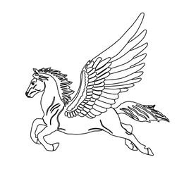 Cute magic Pegasus vector silhouette illustration isolated on white background. Pegasus shape shadow, majestic mythical Greek winged horse. Mythology flying Horse drawing. Symbol of freedom.