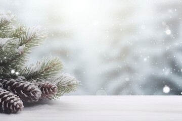 Fototapeta na wymiar Winter Display - Fir Branches On Snowy Table, copy space, generative ai