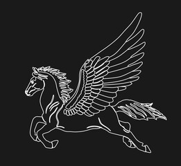 Cute magic Pegasus vector silhouette illustration isolated on black background. Pegasus shape shadow, majestic mythical Greek winged horse. Mythology flying Horse drawing. Symbol of freedom.