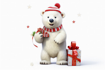 Polar bear in Christmas, red hat with presents. New Year's holiday concept.