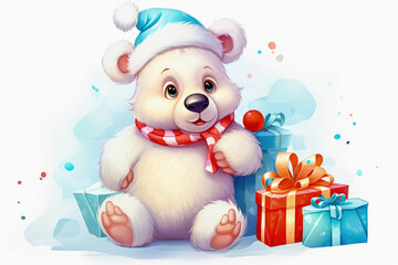 White little bear in New Year, hat with gifts. New Year's holiday concept.