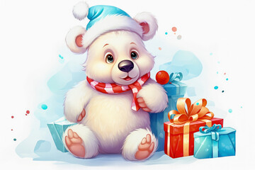 Fototapeta premium White little bear in New Year, hat with gifts. New Year's holiday concept.