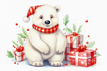 Polar bear in Christmas, red hat with presents. New Year's holiday concept. - obrazy, fototapety, plakaty