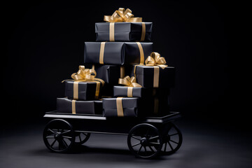 A bunch of black Christmas gifts with gold ribbons. Realistic black gifts boxes for Black Friday sale.