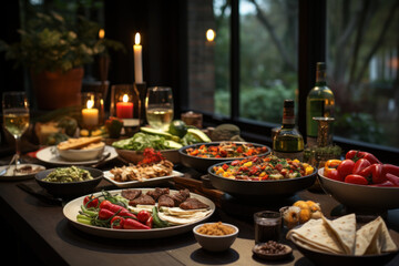Fototapeta premium Festive Feast: A Culinary Wonderland of Joy, Bringing Loved Ones Together for a Merry Christmas Celebration (AI Generated) 