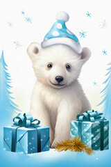 White little bear in New Year, hat with gifts. New Year's holiday concept.