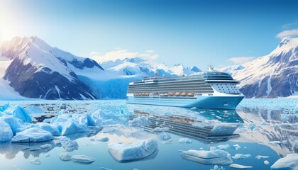 spectacular northern seascape cruise ship sailing amidst magnificent glaciers in canada - obrazy, fototapety, plakaty