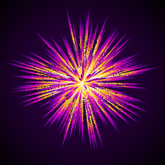 Colored magic explosion of paint dust with particles. Colorful artistic paint splash. Abstract supernova explosion. Big bang. Explosion of purple cloudy dust with dynamic motion. Vector background