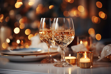 Elegant Cheers: Toasting to Joy and Celebrations with Bubbly Champagne at a Festively Decorated Dining Table (AI Generated) 