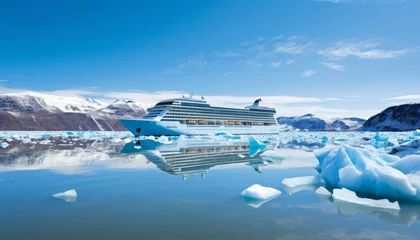 Poster Awe inspiring aerial view of cruise ship sailing through stunning northern seascape with glaciers © Ilja