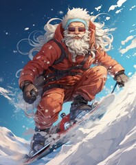 Santa Claus as a snowboarder, wearing red snow clothes. Santa Claus does extreme sports at Christmas.