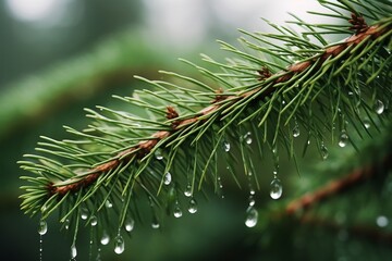 Close up of Christmas pine needles, close-up of an evergreen branch with sharp detailed pine needles covered in glistening dew drops. 