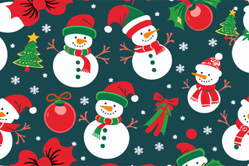 Vector christmas pattern with cartoon funny
snowman in red hat of santa claus and scarf, toys ball, 
christmas tree, snowflake
on a black background. 2024 New Year fashion
ornament for fabric, paper.