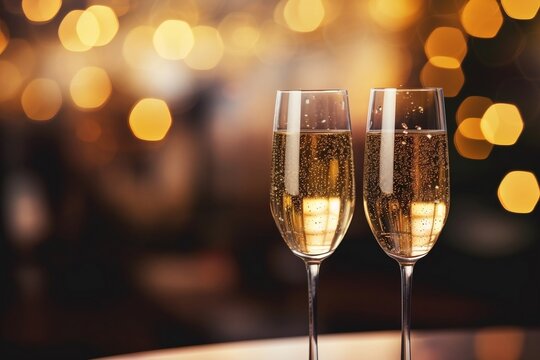 Two glasses of champagne with copy space, close-up of two champagne glasses against a bokeh backdrop of New Year's Eve lights