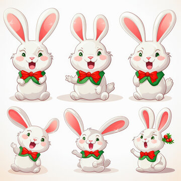New Year emoticons funny bunnies, emoji. Cartoon style, New Year, Christmas.