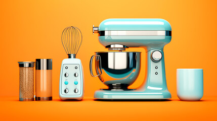Electric kitchen appliances and utensils like mixer and machine for mixing ingredients on a blue counter top