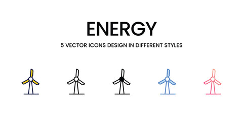 Energy Icon Design in Five style with Editable Stroke. Line, Solid, Flat Line, Duo Tone Color, and Color Gradient Line. Suitable for Web Page, Mobile App, UI, UX and GUI design.