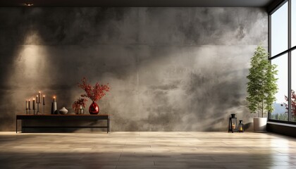 Spacious empty room interior with textured concrete wall   high quality 3d render in 16k resolution