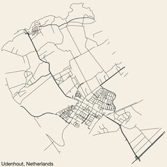 Detailed hand-drawn navigational urban street roads map of the Dutch city of UDENHOUT, NETHERLANDS with solid road lines and name tag on vintage background