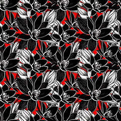 seamless black and white graphic pattern of large lily flowers on a red background, texture, design