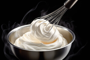 Metal bowl with whisk for preparation of whipped cream, homemade sour cream or hand cream. Pure creamy background - obrazy, fototapety, plakaty