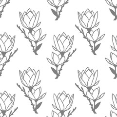 seamless symmetrical pattern of gray graphic magnolia flowers on a white background, texture, design