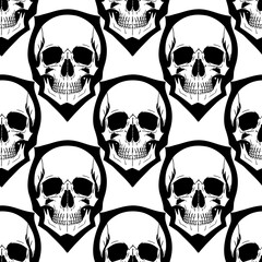 seamless symmetrical pattern of black human skulls on a white background, texture, design - obrazy, fototapety, plakaty