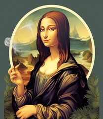 Mona Lisa Smoking Weed. Mona Lisa Smoking Marijuana. Mona Lisa's portrait in a pop art style. Sticker. Logotype.