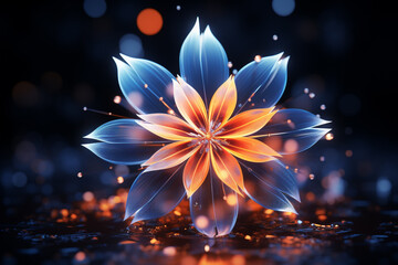 Close-up of a transparent crystal flower on a dark sparkling background.