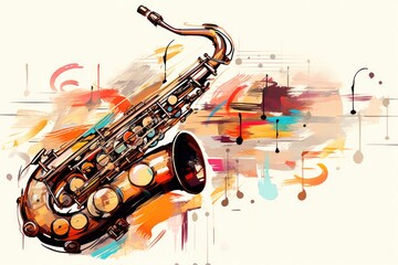 Musical style illustration, colorful saxophone, notes. Poster, music concert, festival, music store and musical instrument design.