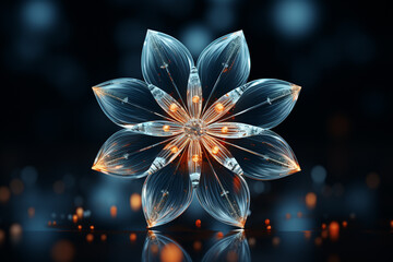 Close-up of a transparent crystal flower on a dark sparkling background.