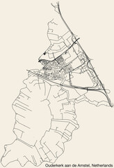 Detailed hand-drawn navigational urban street roads map of the Dutch city of OUDERKERK AAN DE AMSTEL, NETHERLANDS with solid road lines and name tag on vintage background
